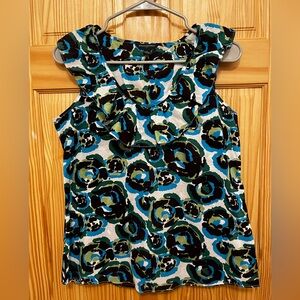 Banana Republic Sleeveless Blouse, Size S, Ruffle Neck, Black/Blue/Green Floral